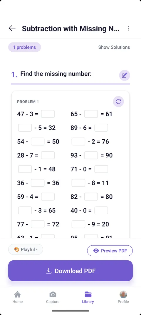Worksheeter app screenshot showing subtraction exercises and PDF export