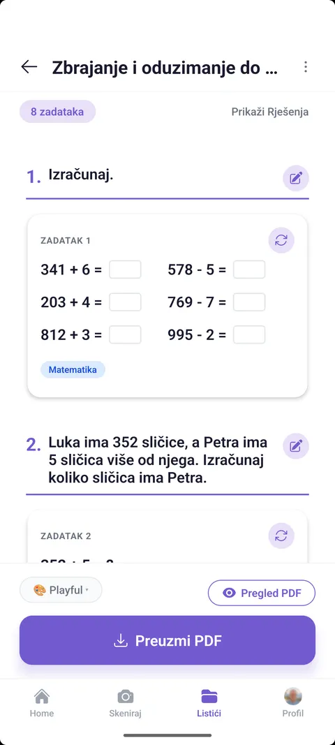 Snimka aplikacije Worksheeter sa zadatcima zbrajanja i oduzimanja te izvozom u PDF
